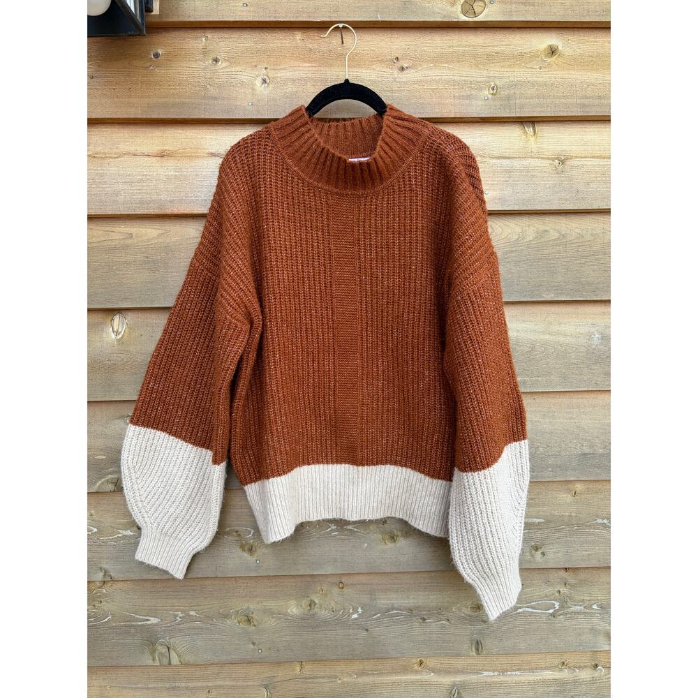 Pink Lily brown colorblock mock neck balloon sleeve sweater